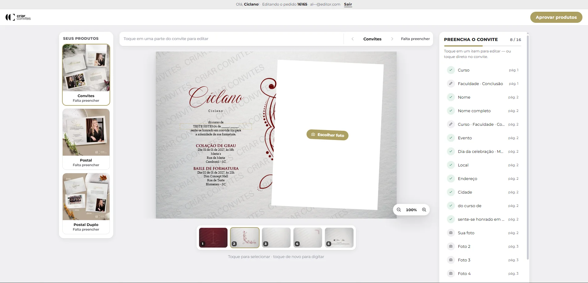 Invitation editor with product navigation, page thumbnails, and a completion checklist